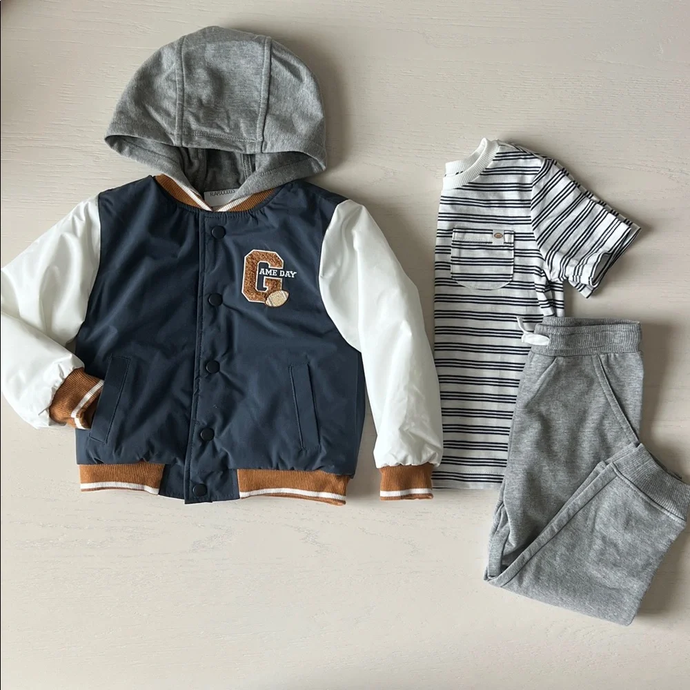 Flapdoodles Toddler Boy 3 Piece Set Bomber Jacket Joggers Football 2T 4T 5T
